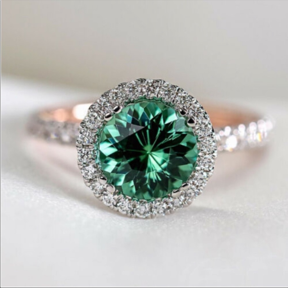 18K Gold Plated Emerald Halo Ring, CUTE RING, SHINY RING. - Picture 2 of 5